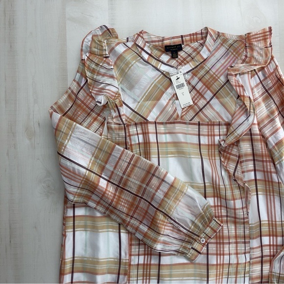 nwt ANTHROPOLOGIE current air ruffle plaid blouse top event work L - Picture 3 of 7